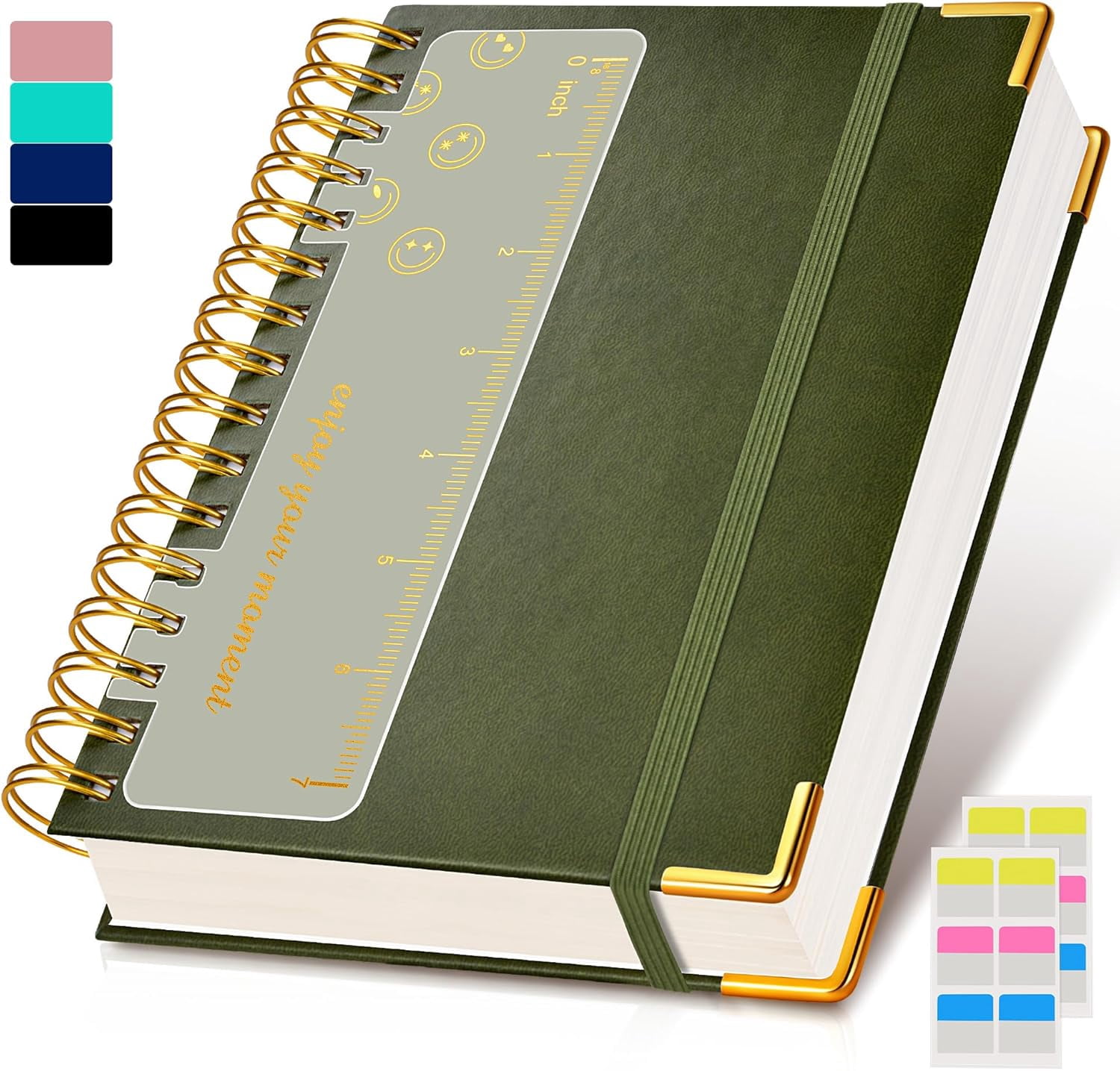 5.75"×8.38" A5 Leather Hardcover Spiral Notebook, 300 Pages, 100GSM College Ruled Journal for Work, Olive Green