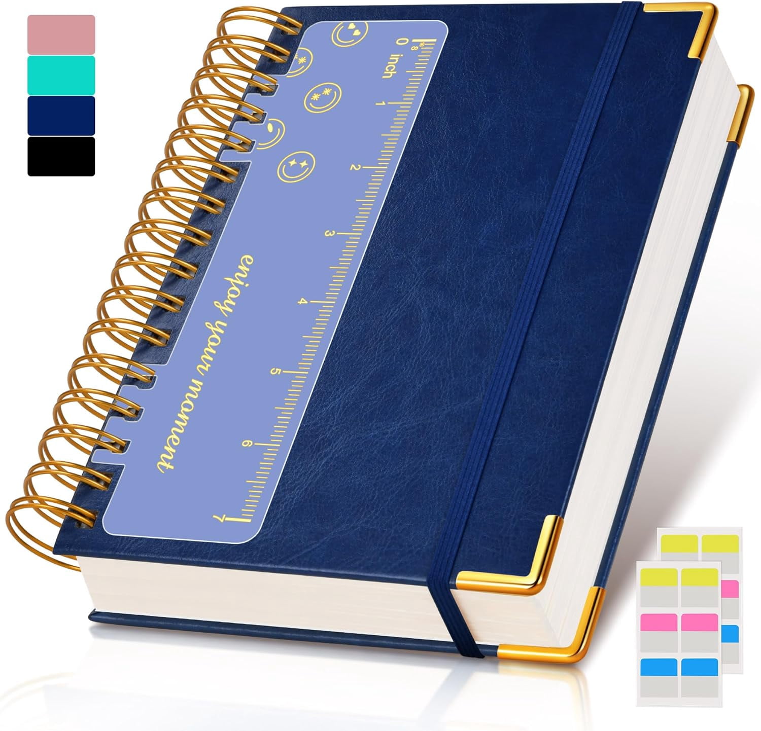5.75"×8.38" A5 Leather Hardcover Spiral Notebook, 300 Pages, 100GSM College Ruled Journal for School & Work, Navy