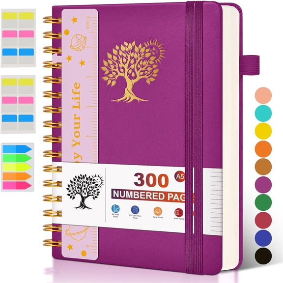 Spiral Notebook Journal for Women Men, 300 Numbered Lined Pages, College Ruled, A5 Hardcover Spiral Bound Notebook for School,Note Taking Writing, Leather Spiral Journal Medium 5.9"x8.5",Purple