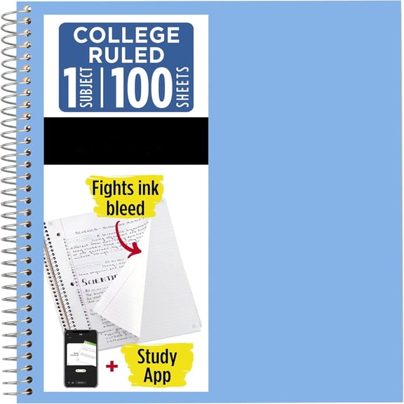 Spiral Notebook + Study App, 1 Subject, College Ruled Paper, 8.5" x 11", 100 Sheets, Blue (Color May Vary)