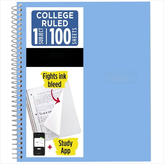Spiral Notebook + Study App, 1 Subject, College Ruled Paper, 8.5" x 11", 100 Sheets, Blue