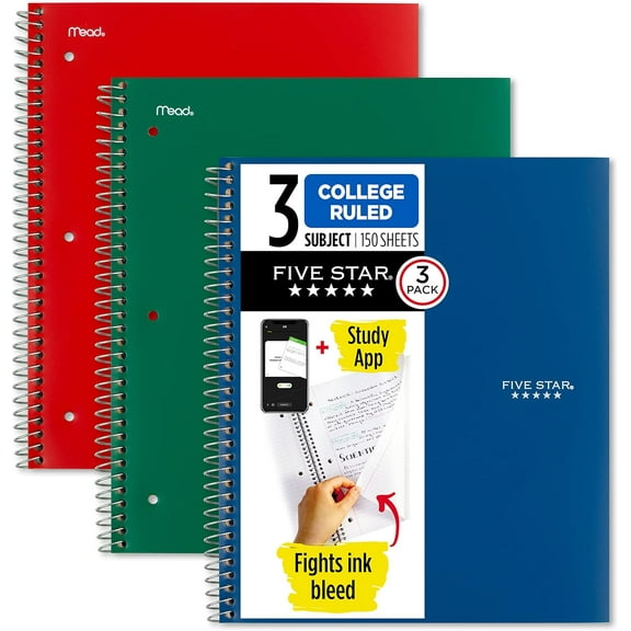 Spiral Notebook + Study App, 3 Pack, 3 Subject, College Ruled Paper, Fights Ink Bleed, Water Resistant Cover, 8-1/2" x 11", 150 Sheets, Green, Red, Blue (820193)