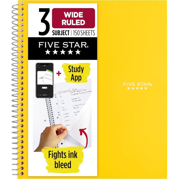 Spiral Notebook + Study App, 3 Subject, Wide Ruled Paper, 8" x 10-1/2", 150 Sheets, Fights Ink Bleed, Water Resistant Cover, Harvest Yellow (73463)