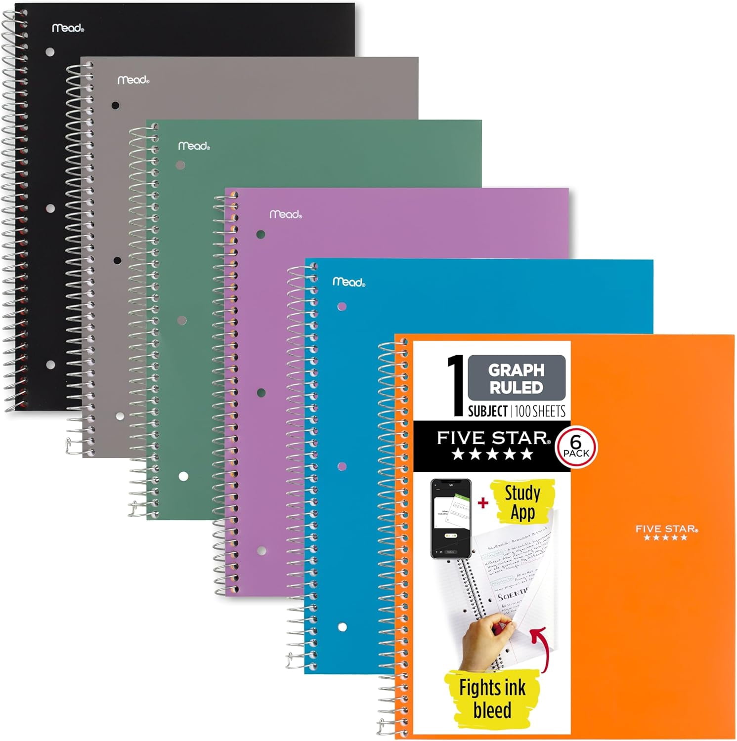 Spiral Notebook + Study App, 6 Pack, 1 Subject, Graph Ruled Paper, 8-1/ ...