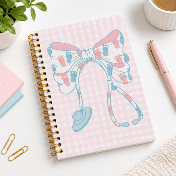 Spiral Notebook for Labor and Delivery, 5.5x8.3 Inches, Coquette Bow Graphic Journal