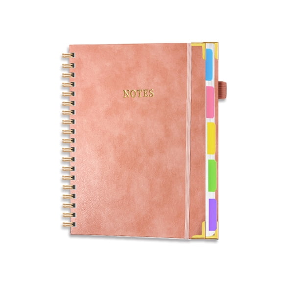Spiral Notebook with Dividers Tabs, 8"x10"(B5) Leather 5 Subject Notebook, Large Journal for Work School Note Taking, Journal for Women, Pink