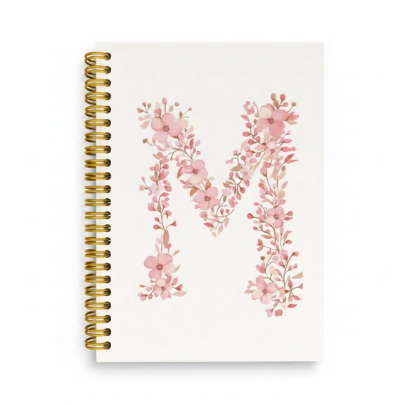 Spiral Notebook with Floral Initial Letter M, Personalized Lined Journal for Writing, Botanical Hardcover Design, Pink