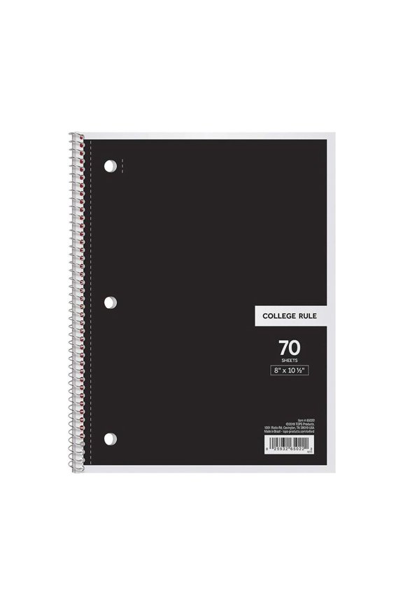 Spiral Notebooks, 1 Pack, 1 Subject, Wide Ruled Paper, 8-1/2" x 10.5-1/2", 70 Sheets per Notebook, Color Will Vary