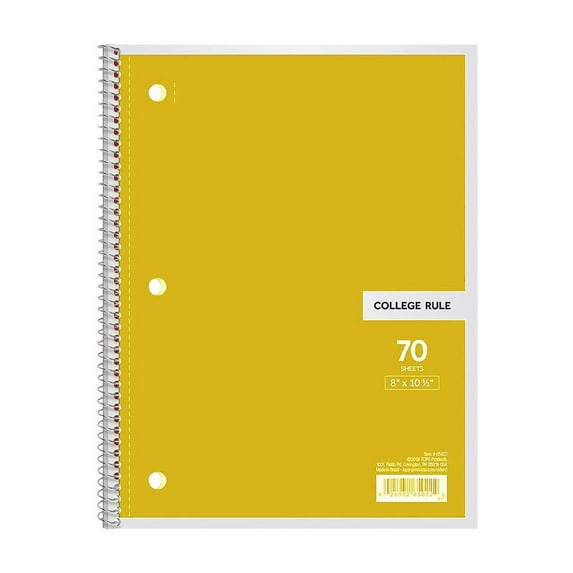 Spiral Notebooks, 1 Pack, 1 Subject, Wide Ruled Paper, 8-1/2" x 10.5-1/2", 70 Sheets per Notebook, Color Will Vary