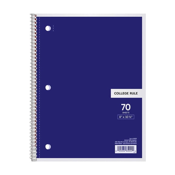 Spiral Notebooks, 1 Pack, 1 Subject, Wide Ruled Paper, 8-1/2" x 10.5-1/2", 70 Sheets per Notebook, Color Will Vary