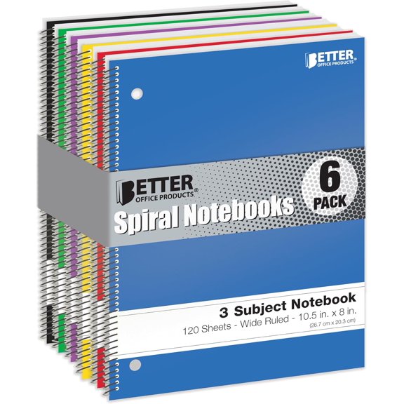 Spiral Notebooks 3-Subject, Wide Rule, 120 Sheet Notebook with Sturdy Pocket Dividers, 10.5 x 8 inches, 6 Assorted Primary Colors, 6 Pack