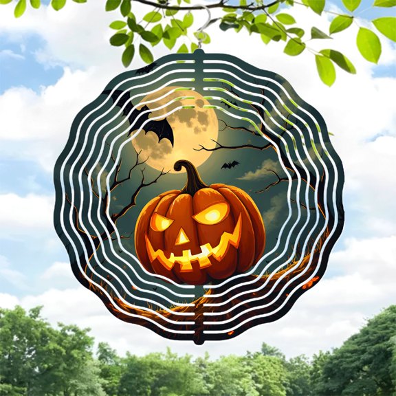 Spiral Pattern Metal Hanging Wind Spinners & Chimes for Yard & Garden - Eerie Design with Concentric Circles & Full Moon Theme