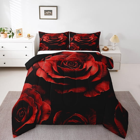 Spiral Roses Queen Size Duvet Insert,Red Black Romantic Floral Comforter Set Soft Microfiber,Couple Lovers Valentine's Day Down Comforter,Flower Bedding Teens Women