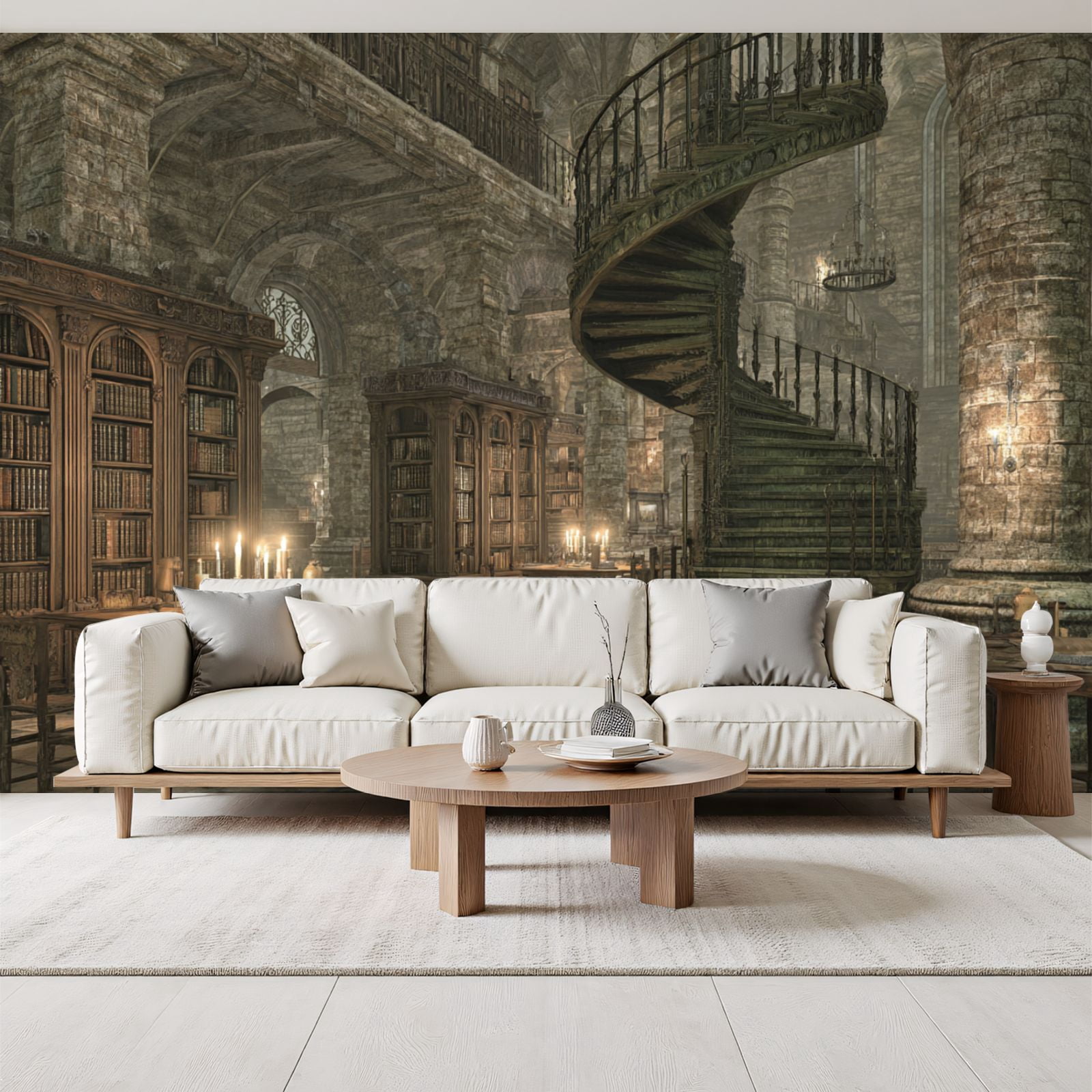 Spiral Staircase reading Wallpaper Elegant Library medieval Bookshelves ...