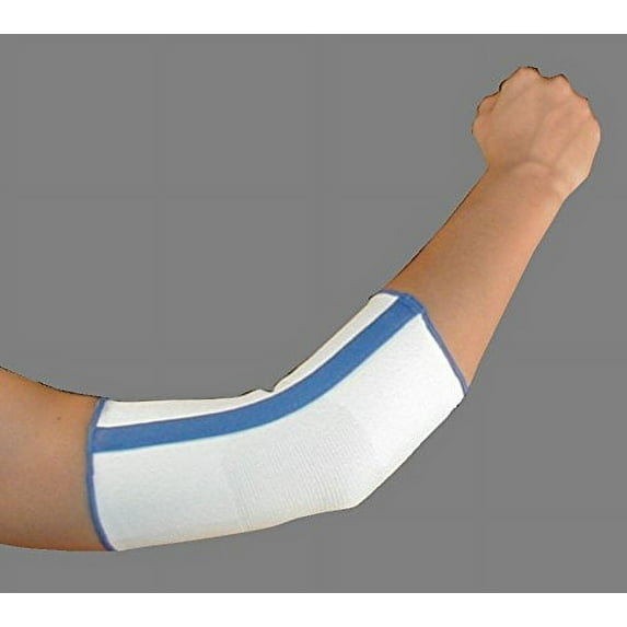 Alpha Medical Slip On Spiral Stay Compression Elbow Brace: Supportive Relief for Elbow Injuries (Large, White w/ Blue Trim)
