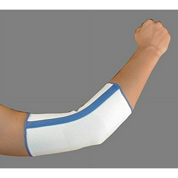 Alpha Medical Slip On Spiral Stay Compression Elbow Brace: Supportive Relief for Elbow Injuries (Medium, White w/ Blue Trim)