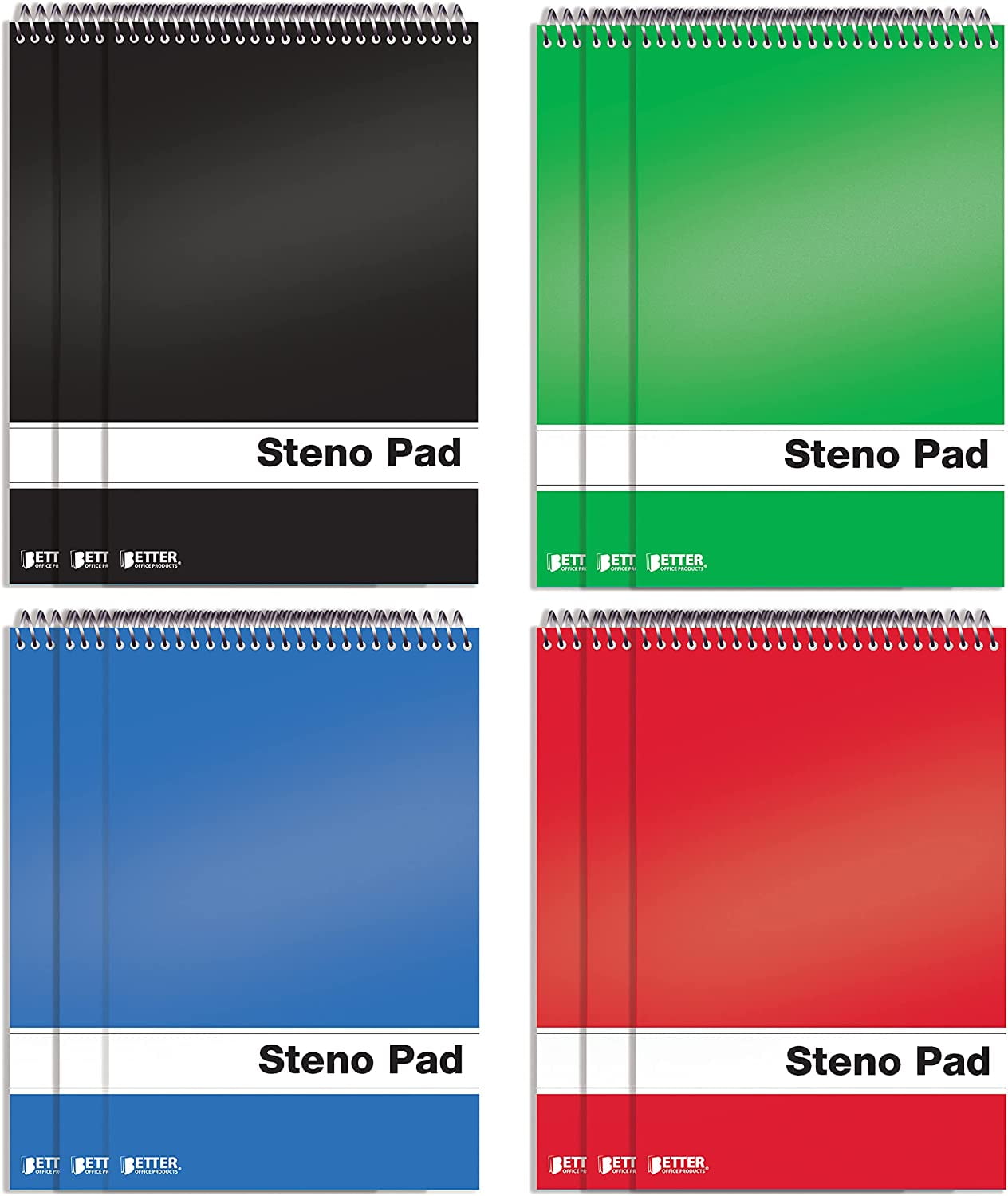 Spiral Steno Pads, 12 Pack, 6 x 9 inches, 80 Sheets, White Paper, Gregg Rule, Assorted Solid Colors (Red, Black, Blue, Green), 12 Steno Notebooks