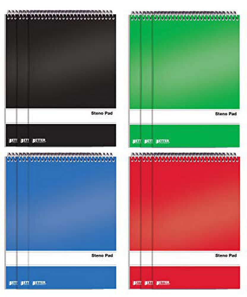 Spiral Steno Pads, 12 Pack, 6 x 9 inches, 80 Sheets, White Paper, Gregg Rule, by Better Office Products, Assorted Solid Colors (Red, Black, Blue, Green), 12 Pack