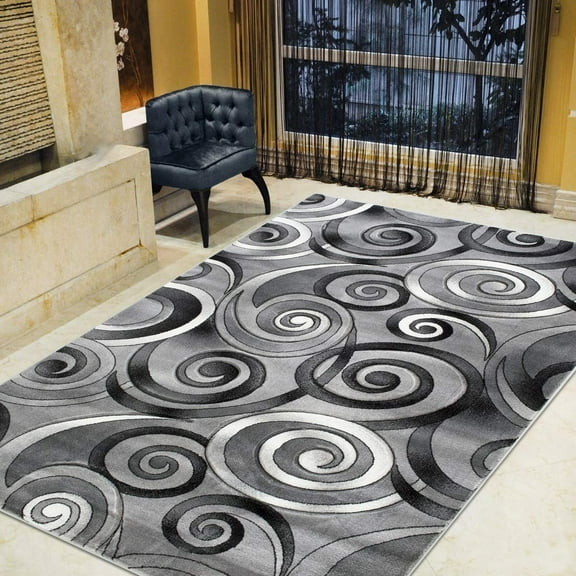 Spiral/Swirls Modern Contemporary Hand Carved Area Rug-Silver/Gray/Black