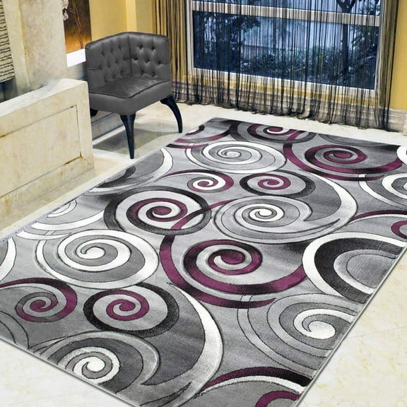 Spiral/Swirls Modern Contemporary Hand Carved Area Rug-Silver/Purple/Gray/Black