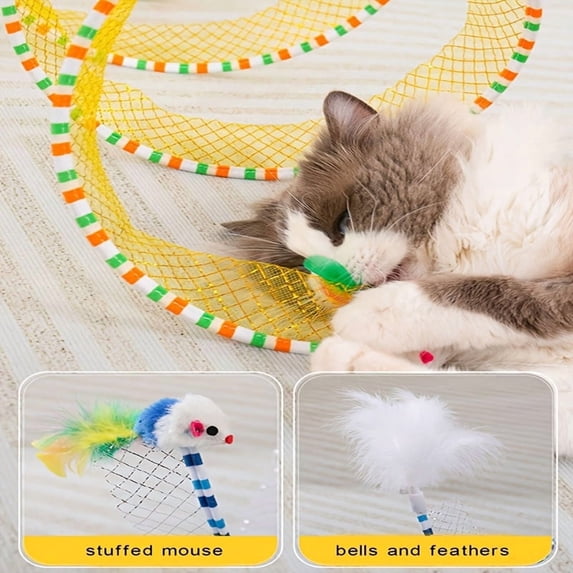 Spiral Tunnel Cat Toy, Self Play Cat Play Spiral Kitten Collapsible Spring Tunnel Toy for Indoor Cats with Feather and Bell, 25.6 Inches Unfolded