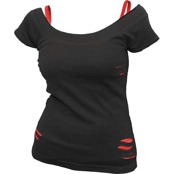 Spiral Direct Women URBAN FASHION - 2 in1 Red Ripped Female Black Top