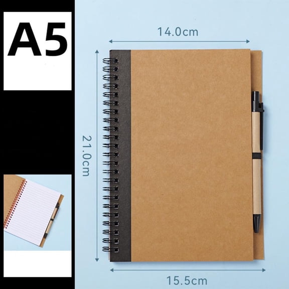 Spiral-bound Notebook Brown Kraft Paper Cover Planner A5 Brown Kraft Paper Cover Notebook with a Ballpoint Pen