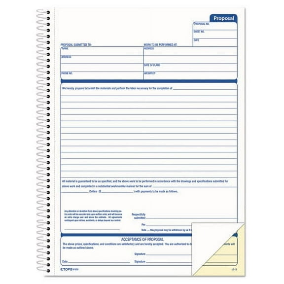 Spiralbound Proposal Form Book, Two-Part Carbonless, 8.5 X 11, 1/page, 50 Forms | Bundle of 10 Each