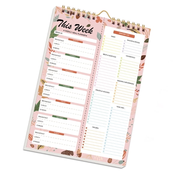 Spirals Meal Planning Pad Notebook Featuring Detachable Shopping Lists And Wall Hanging Hook For Weekly Organization
