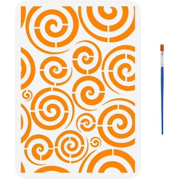 Spirals Painting Stencil with 1Pc Plastic Paint Brush 8.3x11.7inch Reusable Swirl Pattern Drawing Template Line Art Endless Connections Swirls Repetition Stencil
