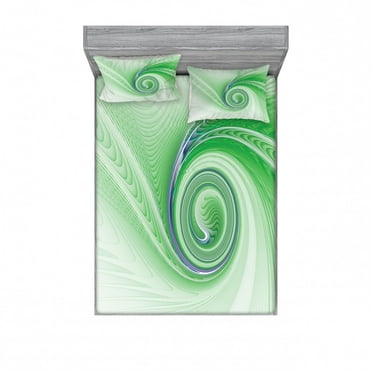 Spires Bedding Set with Sheet & Covers, Curve Windsround Fixed Motif Continuously Increasing Spirals Computer Print, Printed Bedroom Decor 2 Shams, 4 Sizes, Green, by Ambesonne