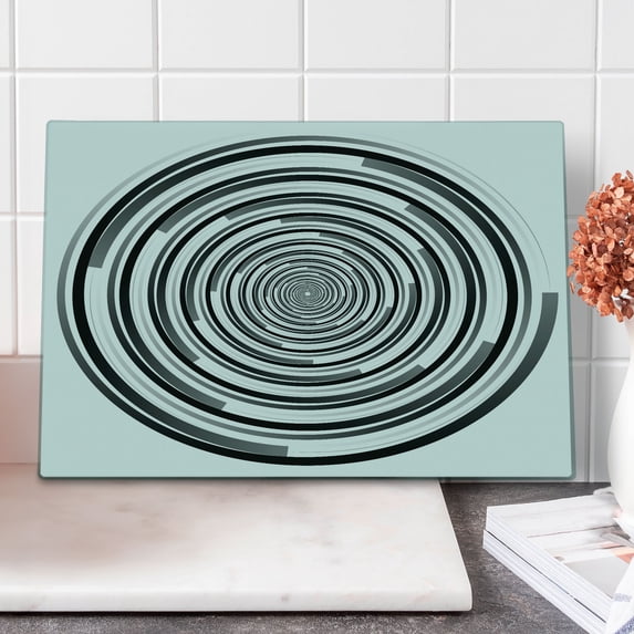Spires Cutting Board, Digital Spinning Hypnotic Design Focus Vortex Circle Cosmos Concept Computer Print, Decorative Tempered Glass Cutting and Serving Board, Large Size, Black Grey, by Ambesonne