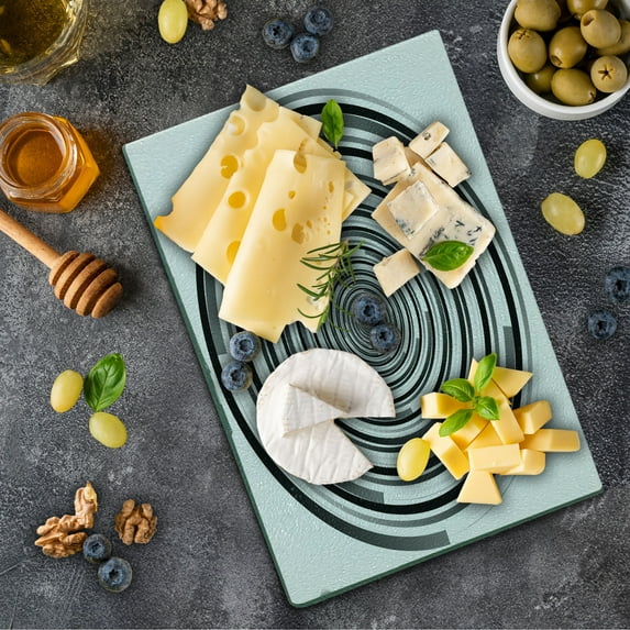 Spires Cutting Board, Digital Spinning Hypnotic Design Focus Vortex Circle Cosmos Concept Computer Print, Decorative Tempered Glass Cutting and Serving Board, Small Size, Black Grey, by Ambesonne