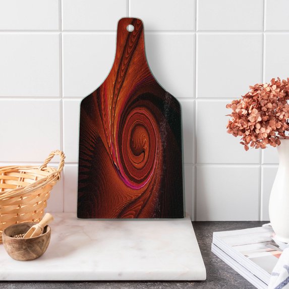 Spires Cutting Board, Spooky Spiral Form in Darkness with Digital Effects Perplexed Dreamy Place Image Print, Decorative Tempered Glass Cutting and Serving Board, Wine Bottle Shape, Red, by Ambesonne