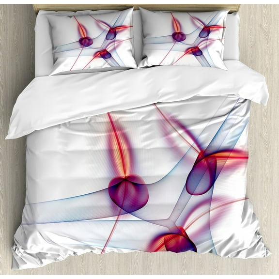 Spires Decor King Size Duvet Cover Set, Contemporary Graphic of Artisan Spiral Molecular Wavy Scientific Cell Print, Decorative 3 Piece Bedding Set with 2 Pillow Shams, Red Blue, by Ambesonne