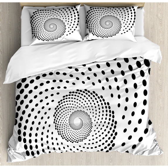 Spires Decor King Size Duvet Cover Set, Minimalist Spiral Shape Dotted Monochrome Swirling Twisting Helix Form Design, Decorative 3 Piece Bedding Set with 2 Pillow Shams, Black White, by Ambesonne