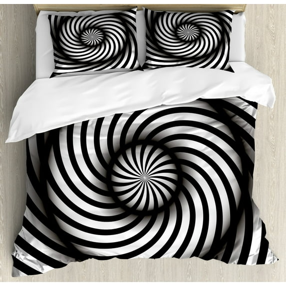 Spires Decor Queen Size Duvet Cover Set, Minimalist Hypnotic Vortex Curve in a Twisted Geometric Progression Theme, Decorative 3 Piece Bedding Set with 2 Pillow Shams, Black White, by Ambesonne