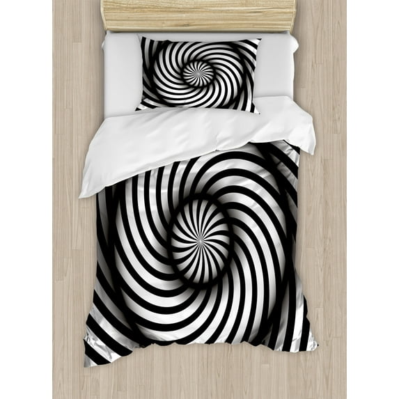 Spires Decor Twin Size Duvet Cover Set, Minimalist Hypnotic Vortex Curve in a Twisted Geometric Progression Theme, Decorative 2 Piece Bedding Set with 1 Pillow Sham, Black White, by Ambesonne