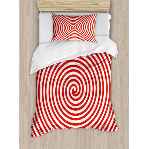 Spires Decor Twin Size Duvet Cover Set, Tapering Spiral Concentrate Emanates to a Point Centripetal Planar Curve Image, Decorative 2 Piece Bedding Set with 1 Pillow Sham, Red White, by Ambesonne