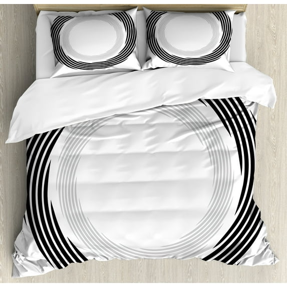 Spires Duvet Cover Set, Abstract Circular Element with Interlace Spinning Concentric Rings Simplistic Art, Decorative 3 Piece Bedding Set with 2 Pillow Shams, Calking Size, Black, by Ambesonne