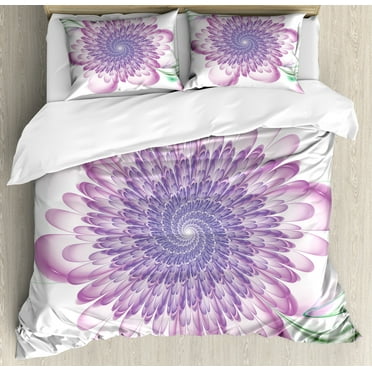 Spires Duvet Cover Set, Digital Floral Harmonic Spirals with Flourish Hypnotic Vision Petals Dreamlike Print, Decorative 3 Piece Bedding Set with 2 Pillow Shams, Calking Size, Violet, by Ambesonne