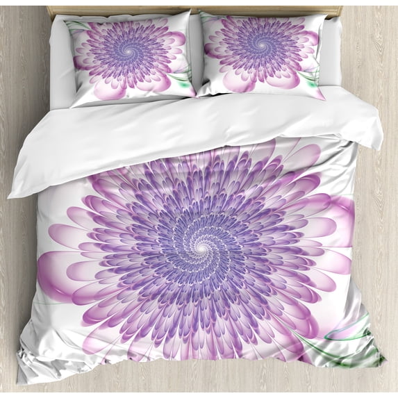 Spires Duvet Cover Set, Digital Floral Harmonic Spirals with Flourish Hypnotic Vision Petals Dreamlike Print, Decorative 3 Piece Bedding Set with 2 Pillow Shams, Queen Size, Violet, by Ambesonne