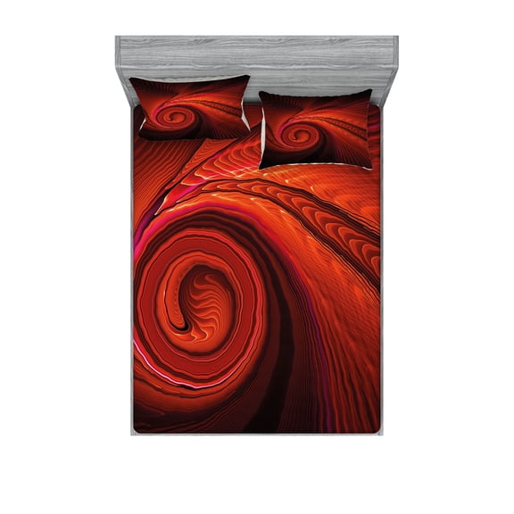 Spires Fitted Sheet & Pillow Sham Set, Spooky Spiral Form in Darkness with Digital Effects Perplexed Dreamy Place Image Print, Decorative Printed 6 Piece Bedding Decor Set, Full, Red, by Ambesonne