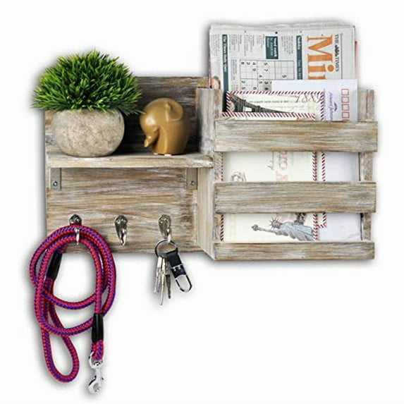 Spiretro Wall Mount Entryway Mail Envelope Organizer, Key Holder Hooks, Leash Hanging, Coat Rack, Letter & Newspaper Storage, Ornament Home Decorative Floating Shelf, Country Rustic Torched Wood-Grey
