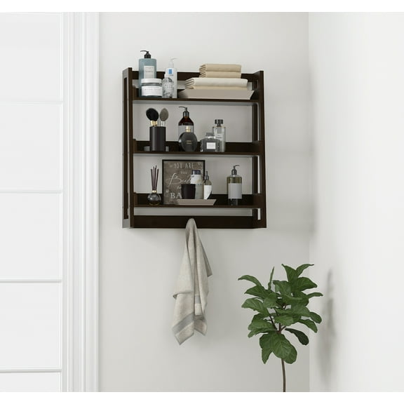 Spirich 3 Tier Bathroom Shelf Wall Mounted with Towel Hooks, Bathroom Organizer Shelf Over The Toilet (Espresso)