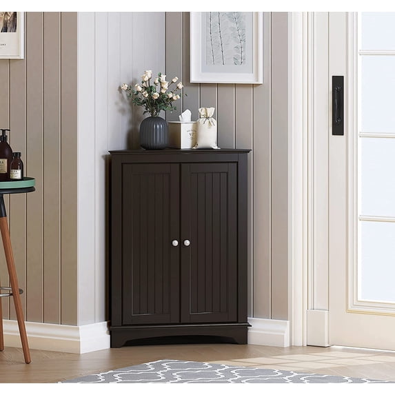 Spirich Corner Cabinet, Free-Standing Modern Storage with Adjustable Interior Shelf and Three Shelves, Espresso Wood