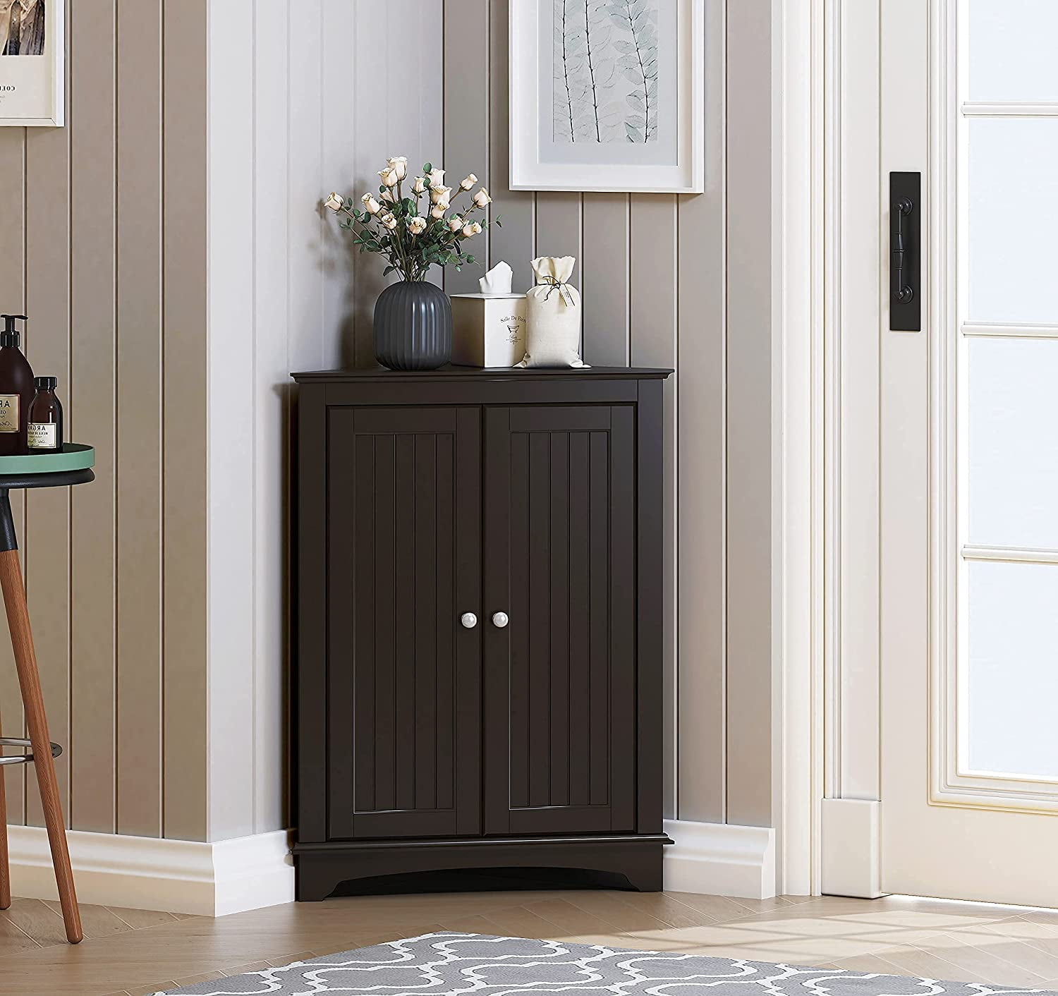 Spirich Corner Cabinet, Free-Standing Modern Storage with Adjustable Interior Shelf and Three Shelves, Espresso Wood