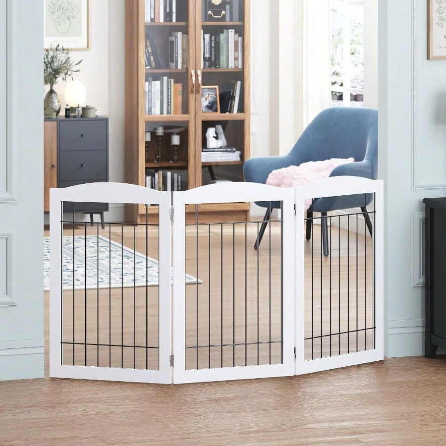 Freestanding Wire Pet Gate for Dogs, 60 inches Extra Wide, 30 inches Tall Dog Gate for The Houes, Doorway, Stairs, Pet Puppy Safety Fence, White 3 Panels