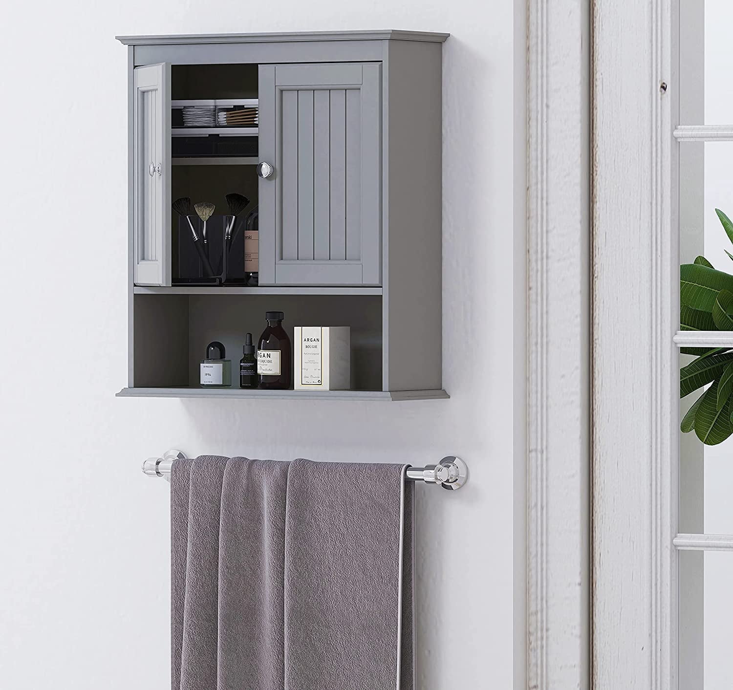 Spirich Wood Wall Mounted Bathroom Cabinet with Doors and Adjustable Shelves, Gray