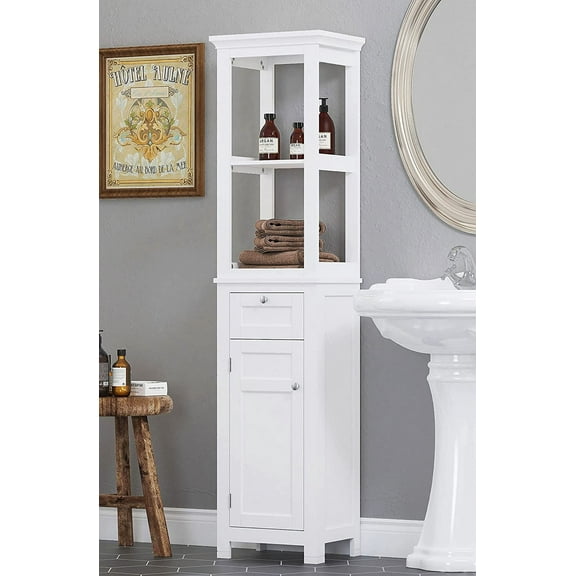 Spirich Home Bathroom Freestanding Storage Cabinet with Two Tier Open Shelves, Tall Slim Cabinet with Door and Drawer, Free Standing Linen Tower 15.75 ''(White with Drawer)